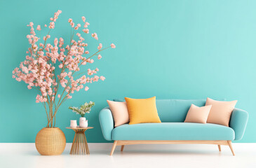 Modern Living Room with Cherry Blossom Tree: A stylish and inviting living room with a plush blue sofa, wooden accents, and a vibrant cherry blossom tree in a wooden pot.