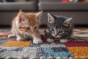 Two kittens playing together on a patchwork rug in muted retro colors, one pouncing while the other watches curiously, with a cozy sofa blurred in the background.