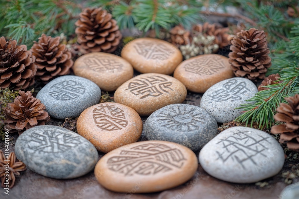 Poster smooth stones with intricate patterns surrounded by pine cones a