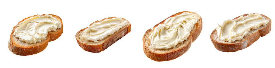 Slices of bread topped with a creamy spread, arranged in a sequence showcasing their textures and swirls.