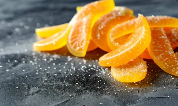 Sliced candied oranges sprinkled with sugar on dark textured background