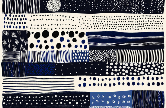 Minimalist Watercolor Block Print Line Art – White and Indigo Geometric Patterned Grid Design for Modern Artistic Decor and Creative Digital Projects