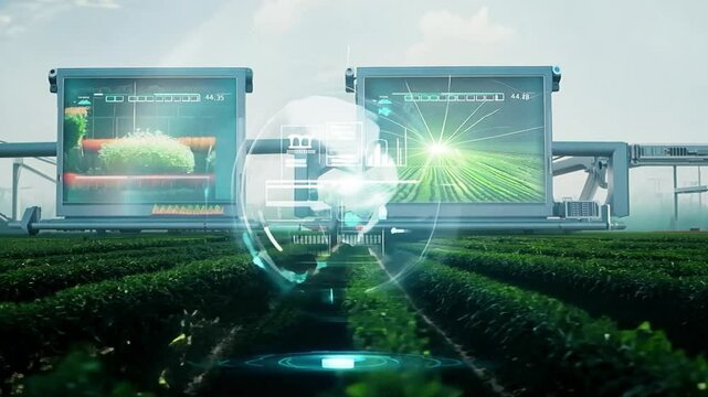 Modern crop monitoring with holographic displays above the green seedlings.