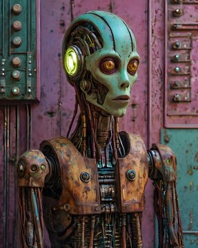 Alien cyborg, mechanical background, sideview