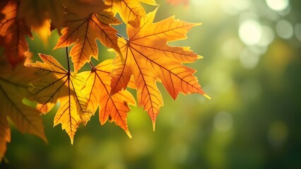 Obraz premium Vibrant Autumn Leaves Close-Up, Sunlit Maple Leaves with Green Bokeh Background - Fall Foliage Photography