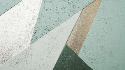 Stunning angular shapes in sage green and metallic hues create a dynamic interplay of contrast and texture, evoking a sense of modern elegance and artistic expression
