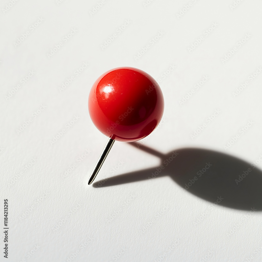 Poster Minimal red push pin with shadow on a white surface in natural light