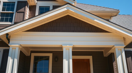 Close-up view of a house's porch, featuring a dark brown facade, white trim, and columns.  The roofline is visible, showcasing a triangular gable design.  The front door is partially visible.