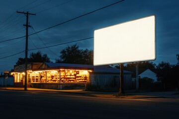 Illuminated diner contrasts with an empty billboard under night