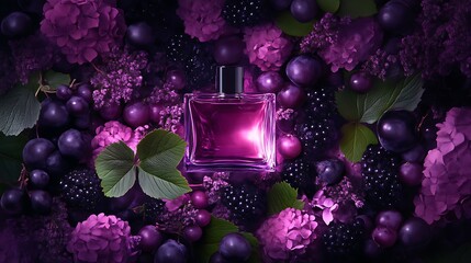Purple Perfume Bottle Surrounded by Flowers and Berries