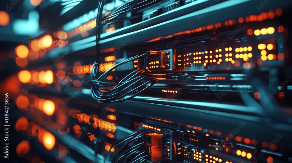 Poster illuminated data center: server rack close-up
