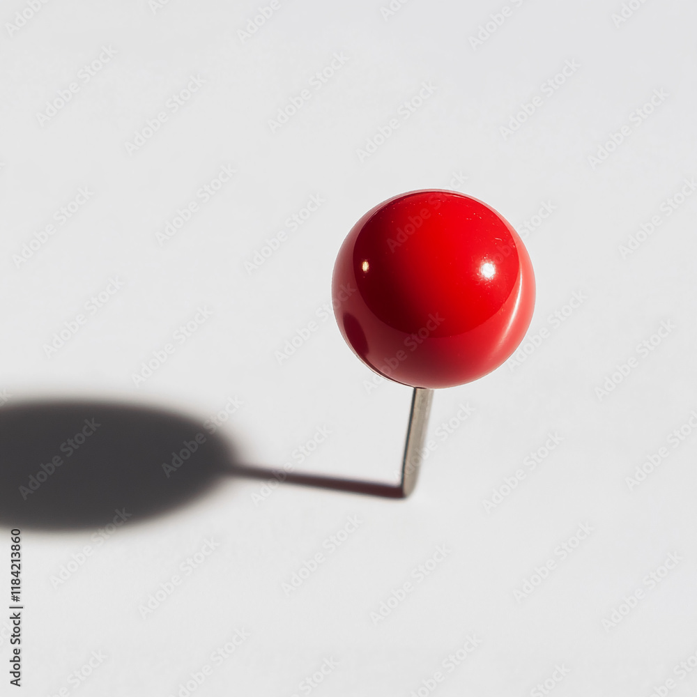 Poster Red pushpin with shadow on white surface in minimalistic style