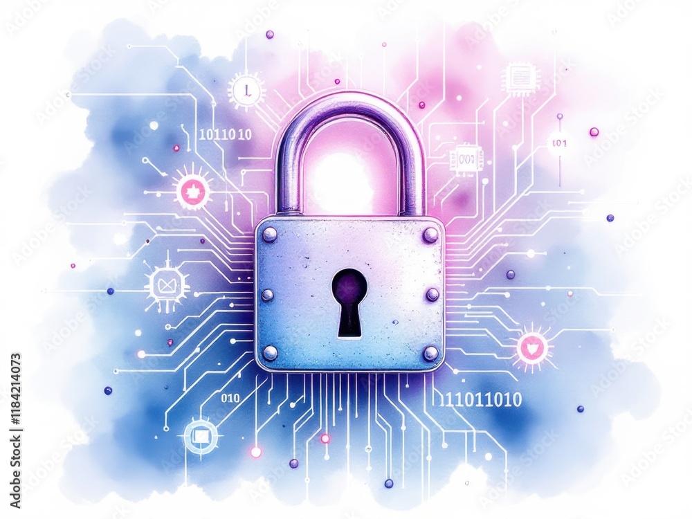Poster digital security concept with glowing lock and circuit board background