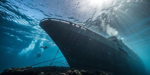 Obraz premium Underwater exploration near a sunken ship reveals marine life and stunning visibility in clear waters