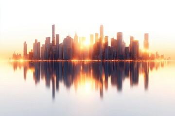 Fototapeta premium A city skyline at sunset reflected in water, creating a serene urban landscape.