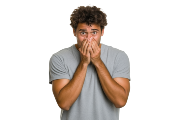 Surprised man covering his mouth with both hands in a gray t-shirt, isolated on transparent background
