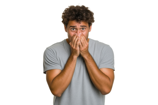 Surprised man covering his mouth with both hands in a gray t-shirt, isolated on transparent background
