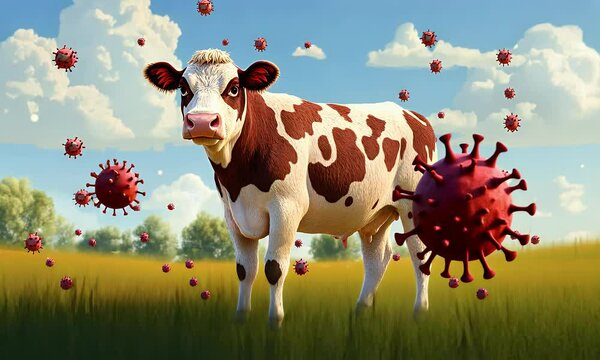 A cow with an illustration of a virus scattered in the air