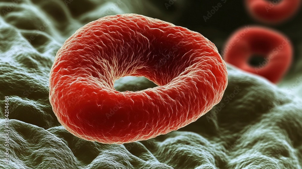 Poster the most realistic photograph of a giant irregular red blood cell in detail with microscope imagery 