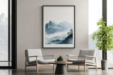 Modern poster frame mockup for stylish living room wall art display. Captivating interior design backdrop showcasing contemporary aesthetics and visual appeal