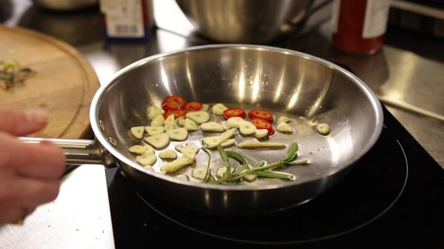 Garlic slices, kitchen utensils, pepper frying. Close-up shot garlic slices, chili peppers, rosemary sprigs frying in oil inside stainless steel pan. Hand holding pan handle suggests active cooking