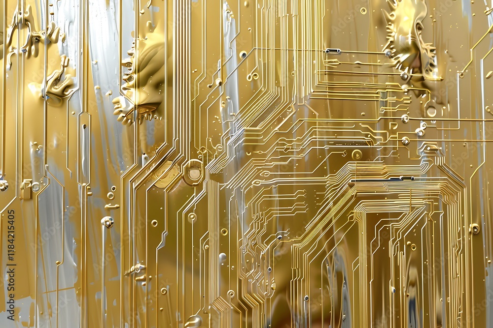 Poster closeup of a golden circuit board with intricate pathways and metallic texture. abstract design luxu