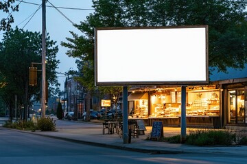 Obraz premium Illuminated storefront at dusk with blank billboard inviting cre