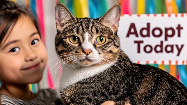 Happy cat at a pet adoption event concept. A girl smiles with a cat in front of a colorful adoption sign