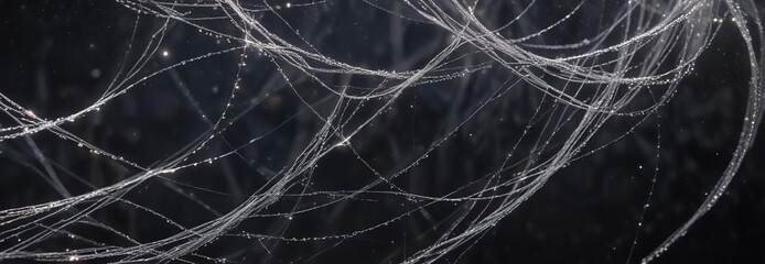 Sparkling silver filaments weaving a delicate, ethereal tapestry across a dark, starry sky, shimmering darkness , glow-in-the-dark stars