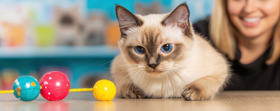 Happy cat at a pet adoption event concept. Cute kitten playing with colorful toys and a smiling person in the background