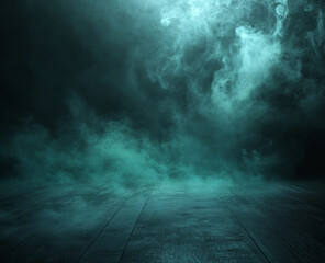 A dark background sets the stage for an atmospheric stock photo, featuring an empty floor immersed in deep turquoise and emerald green mist, exuding depth and intrigue.
