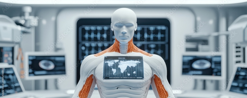 Poster a futuristic humanoid figure with a transparent chest screen is set in a high-tech lab filled with a
