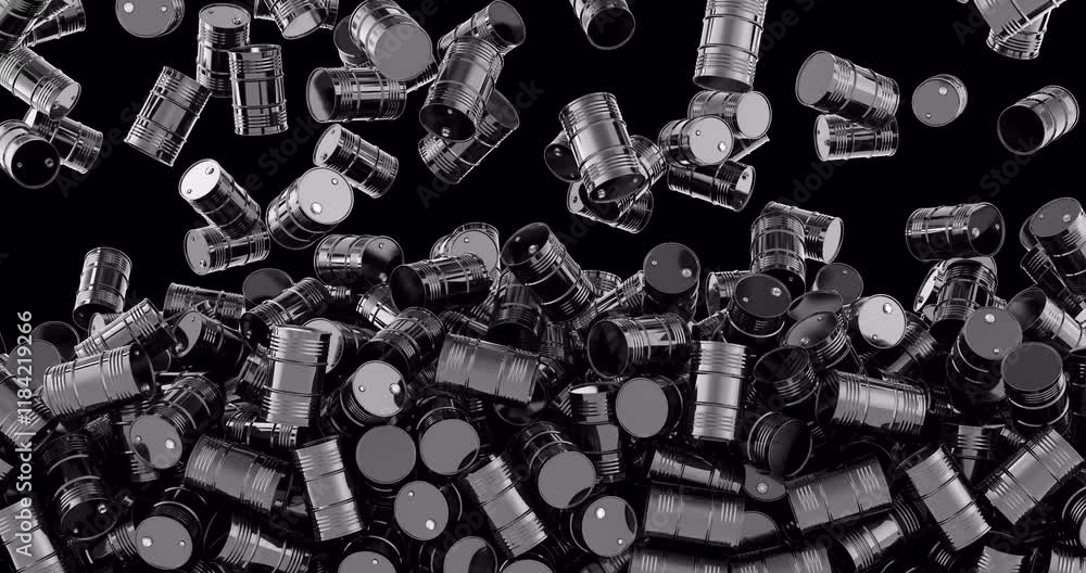 Poster oil barrels falling and fill the screen. 3d animation on transparent background