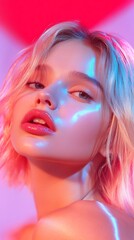 Fototapeta premium Vibrant Portrait of a Woman Illuminated by Colorful Lighting Effects