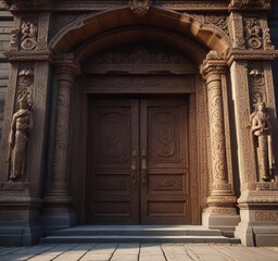 Fototapeta premium Grand entrance of temple with intricate carvings , ancient structures, sacred space, ornate details