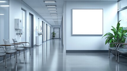 Fototapeta premium A Very Realistic, Photographic Mockup of an Unoccupied Hospital Corridor with Modern Design Elements and Clean Aesthetic
