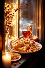 Obraz premium Delightful Experience of Middle Eastern Baklava Pastry with Layers of Filo Woven Together, Perfectly Plated by a Warm Window Surrounded by Soft Lighting and Tea