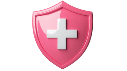 First aid pink shield with cross isolated on white background 