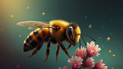 Naklejka premium Honeybee pollinating pink flower.
