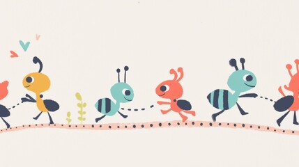 Obraz premium Ants watercolor concept. Colorful Ants Marching in Whimsical Zigzag Pattern
