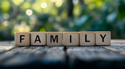 family word on wooden cubes, letters on wooden cubes