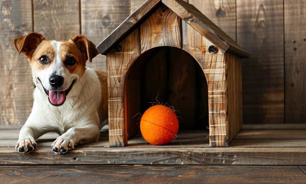 Small brown and white dog next to wooden doghouse orange ball
