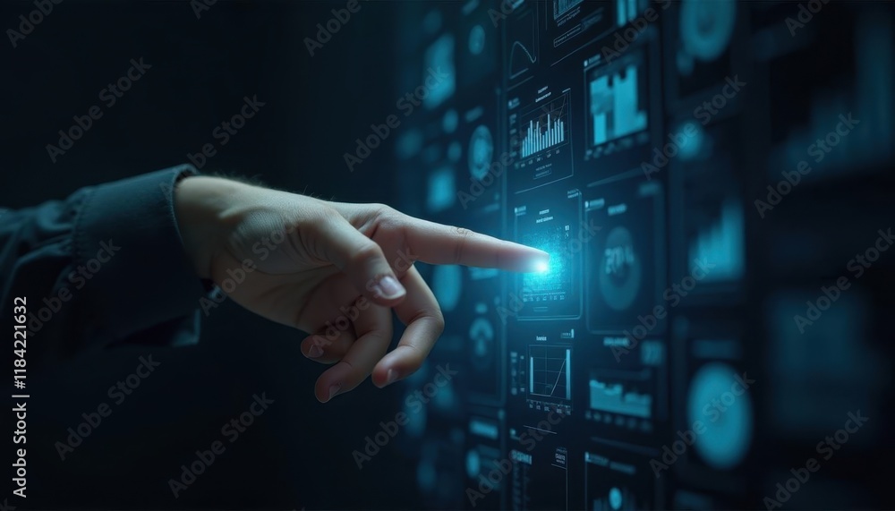 Poster male touching futuristic digital screen interface with data visualizations