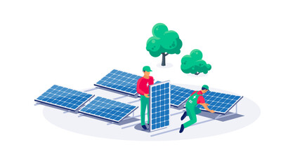 Construction technician workers installing solar panels. PV installation on flat ground. Connecting the renewable power energy system to grid. Clean electricity production from sun.