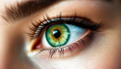 Fototapeta premium Beautiful Green Human Eye Macro - Detailed Close-up with Long Eyelashes, Beauty Concept