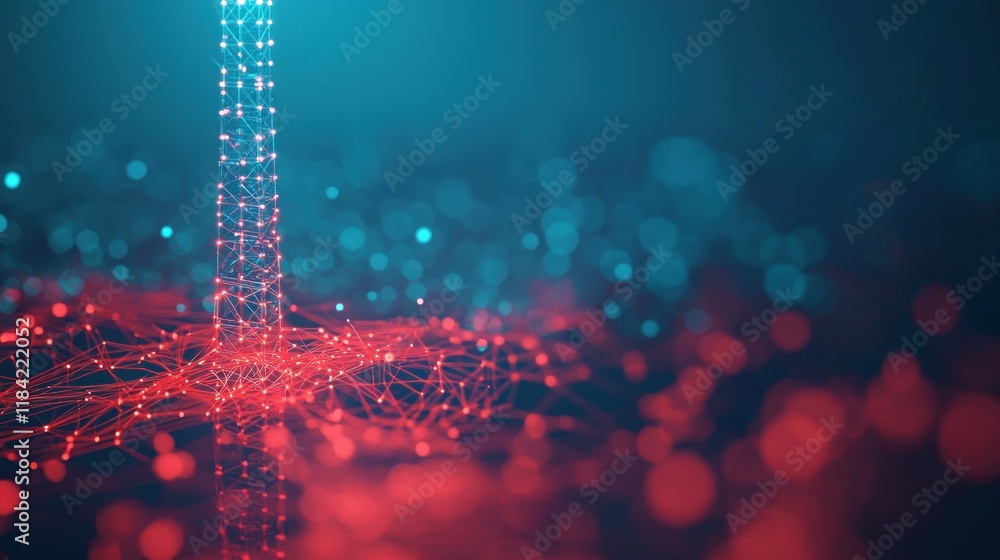 Poster abstract digital network: red and blue nodes connecting