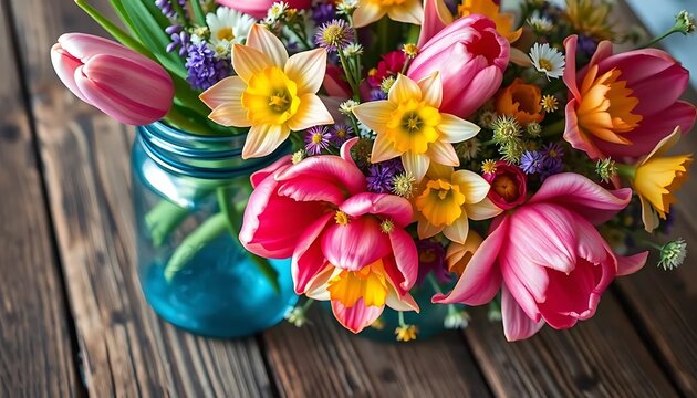 Vibrant Spring Bouquet: Tulips, Daffodils, and Wildflowers in Rustic Mason Jar - Powered by Adobe