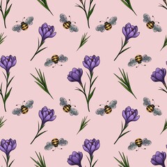 Seamless Pattern of Spring Purple Crocuses with Leaves and Bees in Small Design on Soft Pink Background for Textiles and Prints