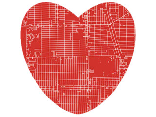 Heart-Shaped Map of West Ridge  Illinois, USA in Bold Red and White Design.