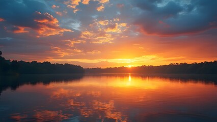 Obraz premium Golden Sunset Over Tranquil Lake, Breathtaking Reflection of Vibrant Sky Colors